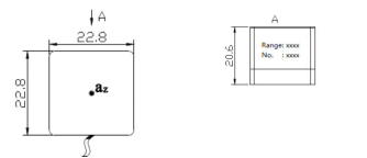 GSACC102M MEMS Accelerometer dimensional diagram showing 22.8×22.8×20.6 mm measurements