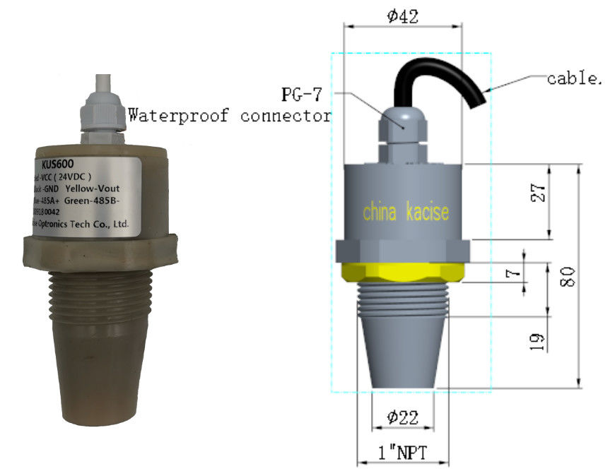 KUS600 Ultrasonic Water Level Sensor with 3.3V Low Power RS485 Output and IP68 Waterproof Design