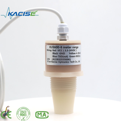 The KUS600 ultrasonic sensor made of PVDF/PTFE materials is used for distance and liquid level measurement.